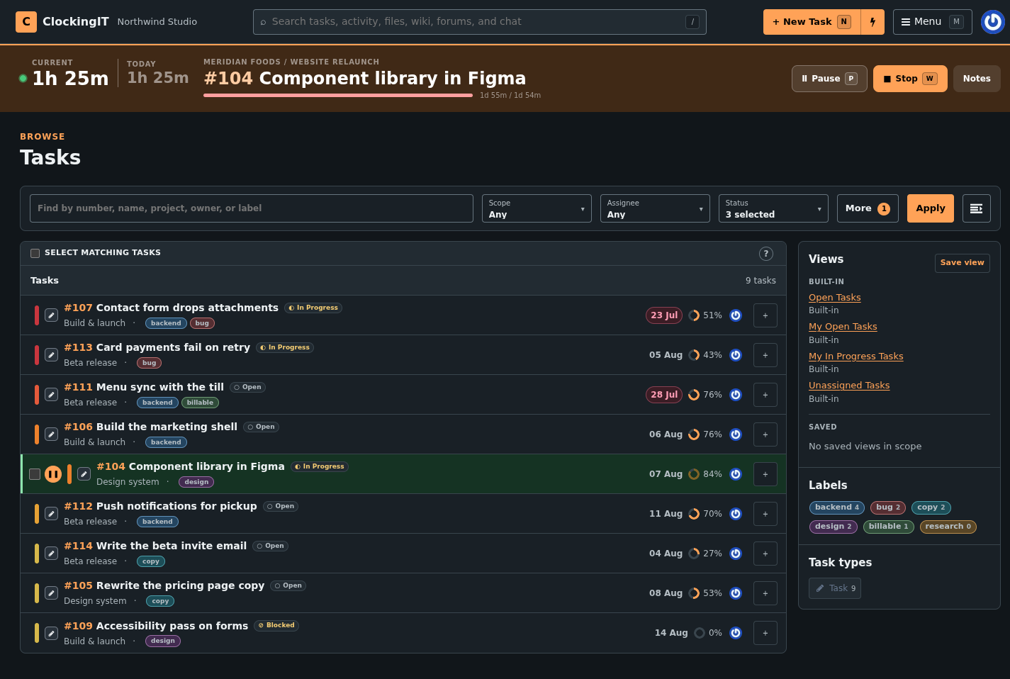 The task list with filters, coloured labels, saved views and a sidebar of label counts.